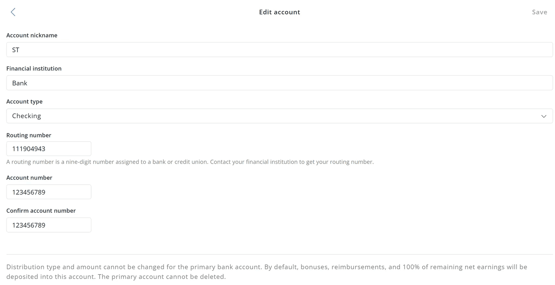 Direct deposit account list view